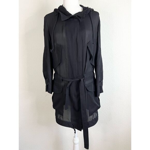 ALC Black Silk Sheer Long Sleeve Hood Full Zip Hobo Lagenlook Utility Jacket - Picture 2 of 10